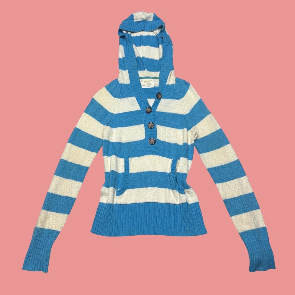 Aeropostale Mens Blue White Striped Knit Button Henley Hoodie Sweater Size M